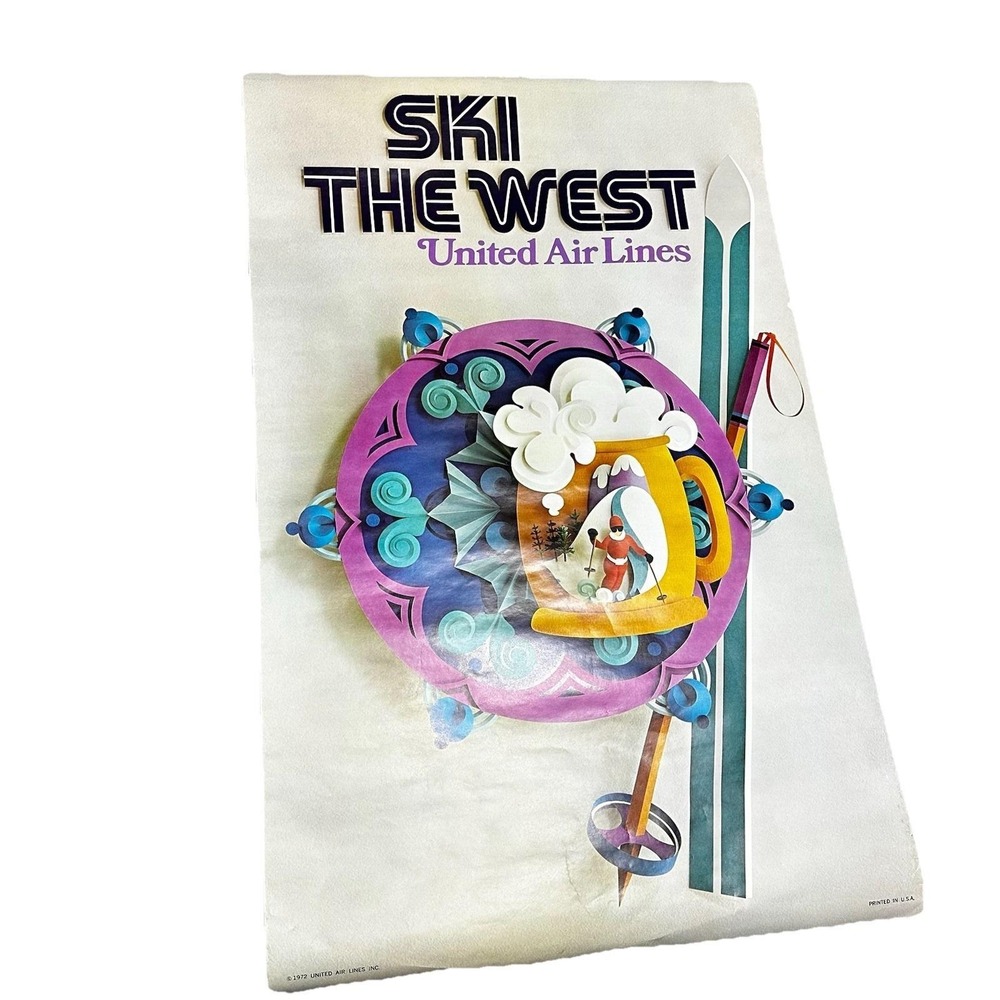 Vintage 1972 United Airlines Poster Ski The West 25x40